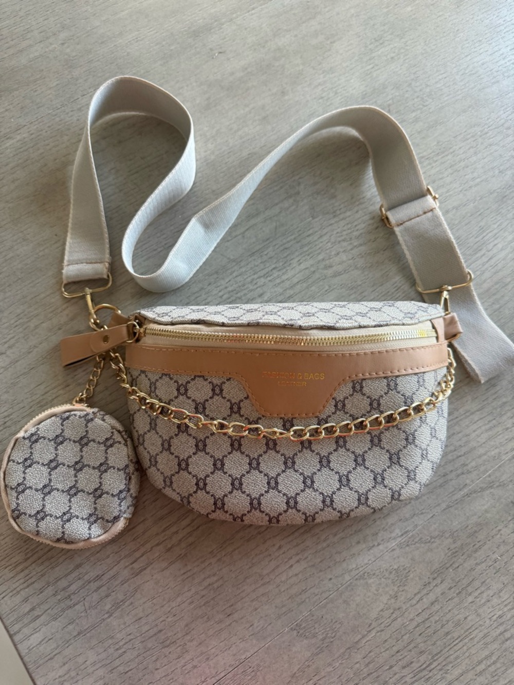 Beige Patterned Crossbody Belt Bag with Gold Chain